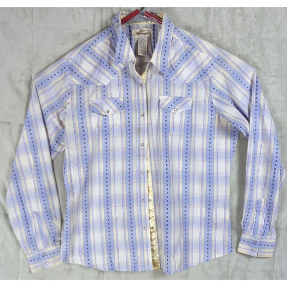 Wrangler Western Shirt Women's Purple Plaid Pearl Snaps Long Sleeve Rodeo Large - Picture 1 of 13